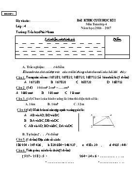Đề và đáp án kiểm tra định kì cuối học kì I môn Toán lớp 4 - Năm học 2016-2017